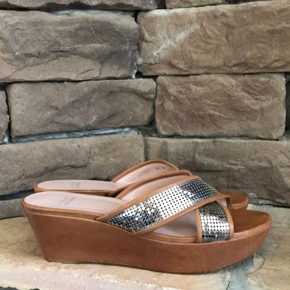 Stuart Weitzman Tan Wedge Sandals with Silver Embellished Straps